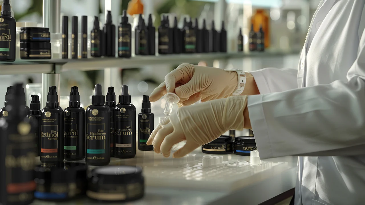 After: branded cosmetics bottles and jars composited into a laboratory photograph
