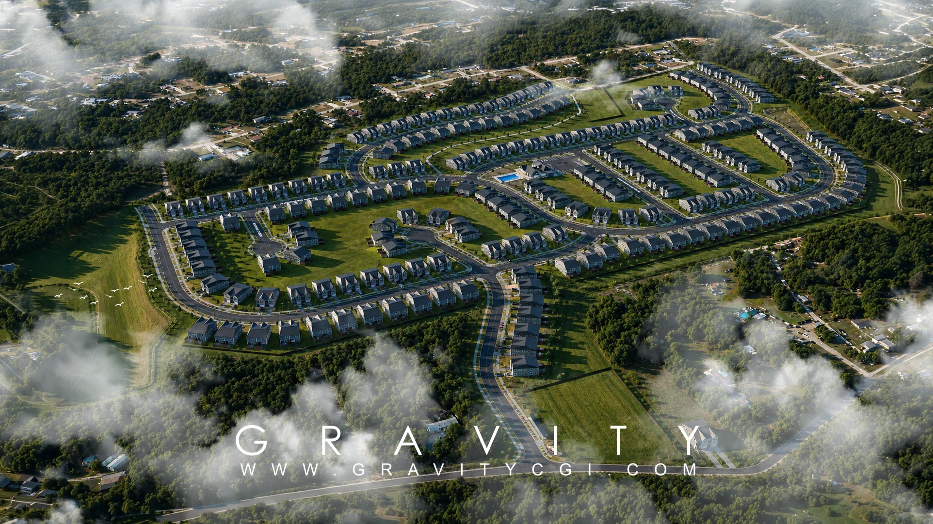Aerial 3D render of suburban residential community masterplan with housing layout, roads and landscaping