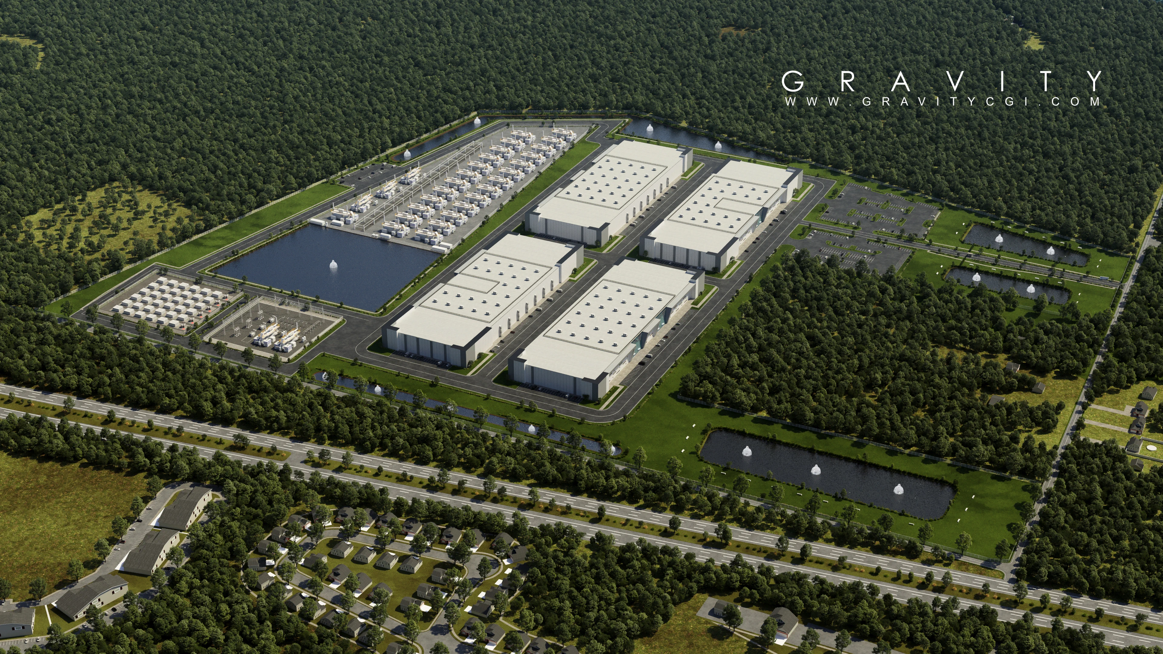 Hyperscale data center campus aerial 3D render showing server halls, cooling infrastructure, substations and masterplanned layout for AI and cloud facilities