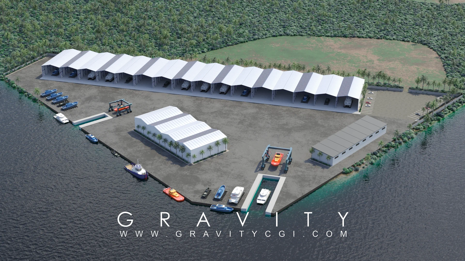 3D shipyard development with boat storage and docks