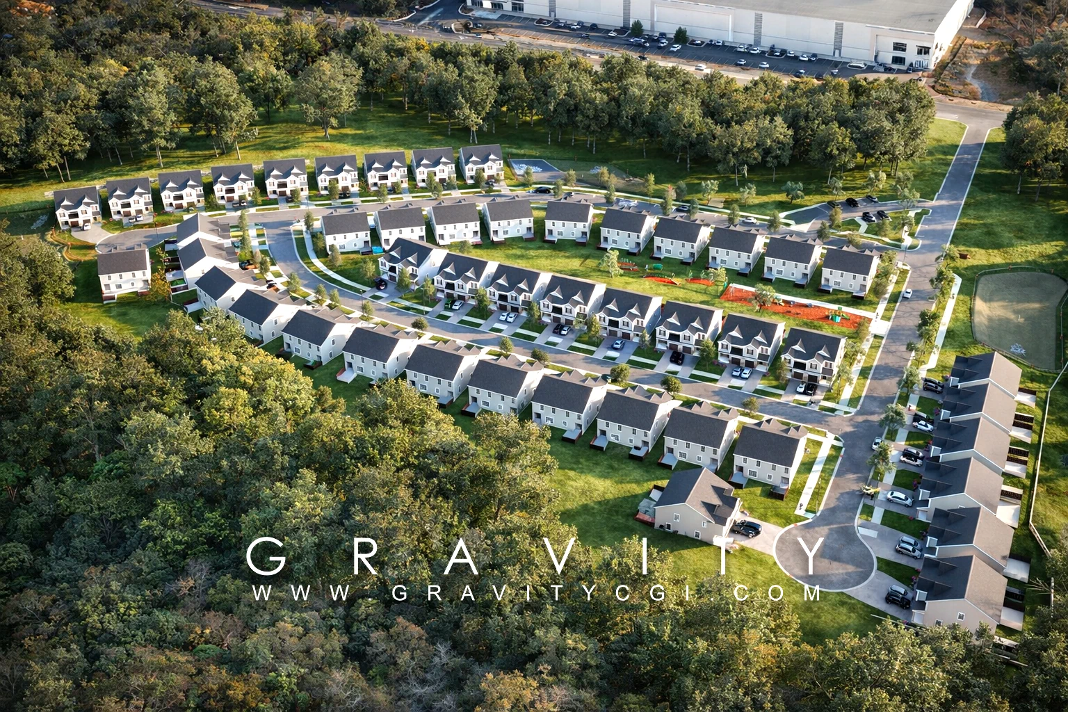 Aerial 3D rendering of a modern suburban residential community with townhomes, landscaped green spaces, and curved neighborhood roads.