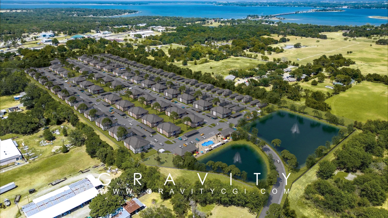 Bird’s-eye 3D exterior render of a residential apartment development with roads and landscaping