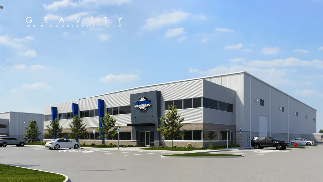 Industrial manufacturing facility exterior 3D render