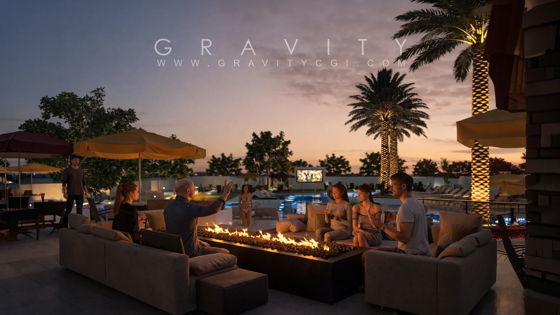 Luxury outdoor firepit lounge with people sitting by poolside at sunset 3D architectural visualization