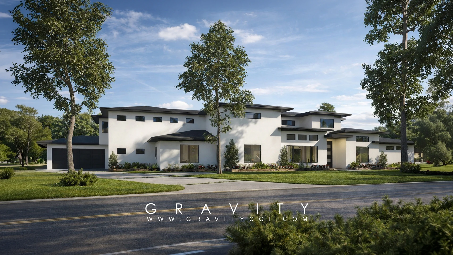 Photorealistic 3D render of modern luxury villa exterior with landscaping and contemporary architecture