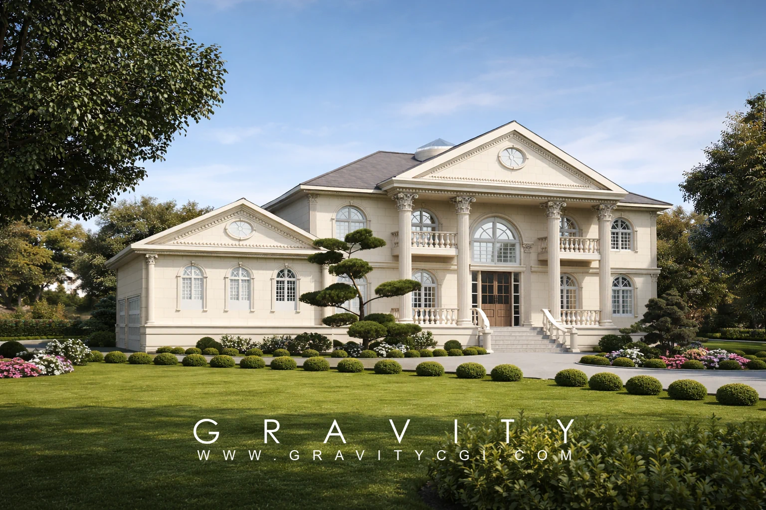 Photorealistic neoclassical villa exterior 3D render with garden