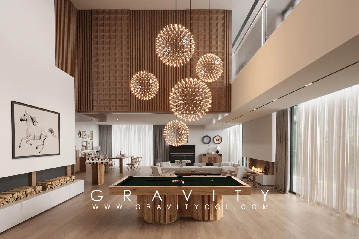 Luxury double-height game room interior with pool table, designer chandeliers, and warm wood finishes