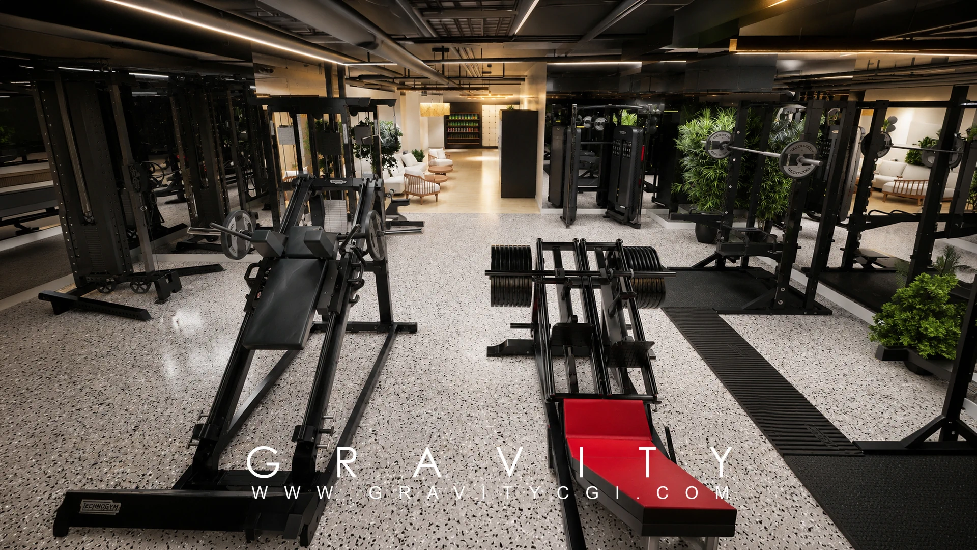 Photorealistic luxury gym interior with strength training machines, terrazzo flooring, and modern lounge area