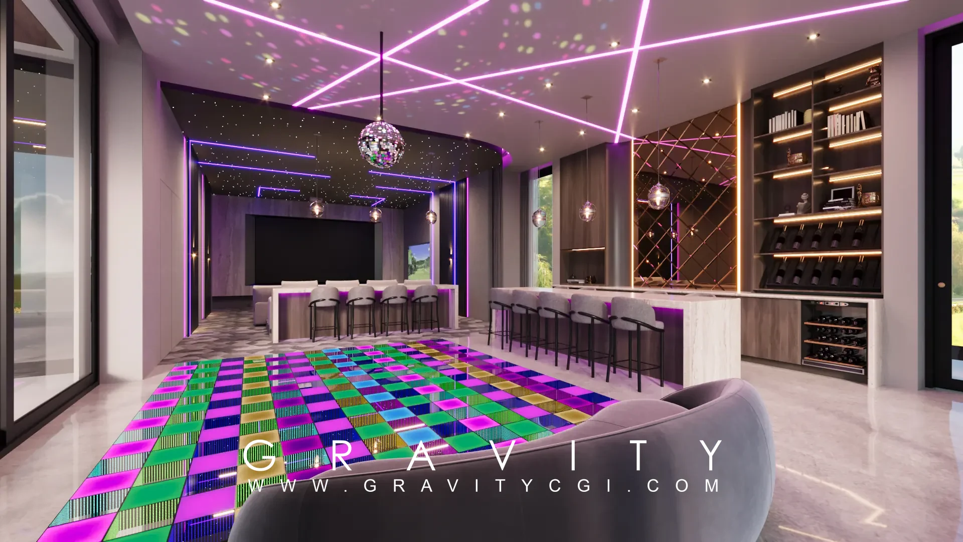 Luxury home bar interior render with theatre,  neon ceiling lights, wine rack and LED dance floor