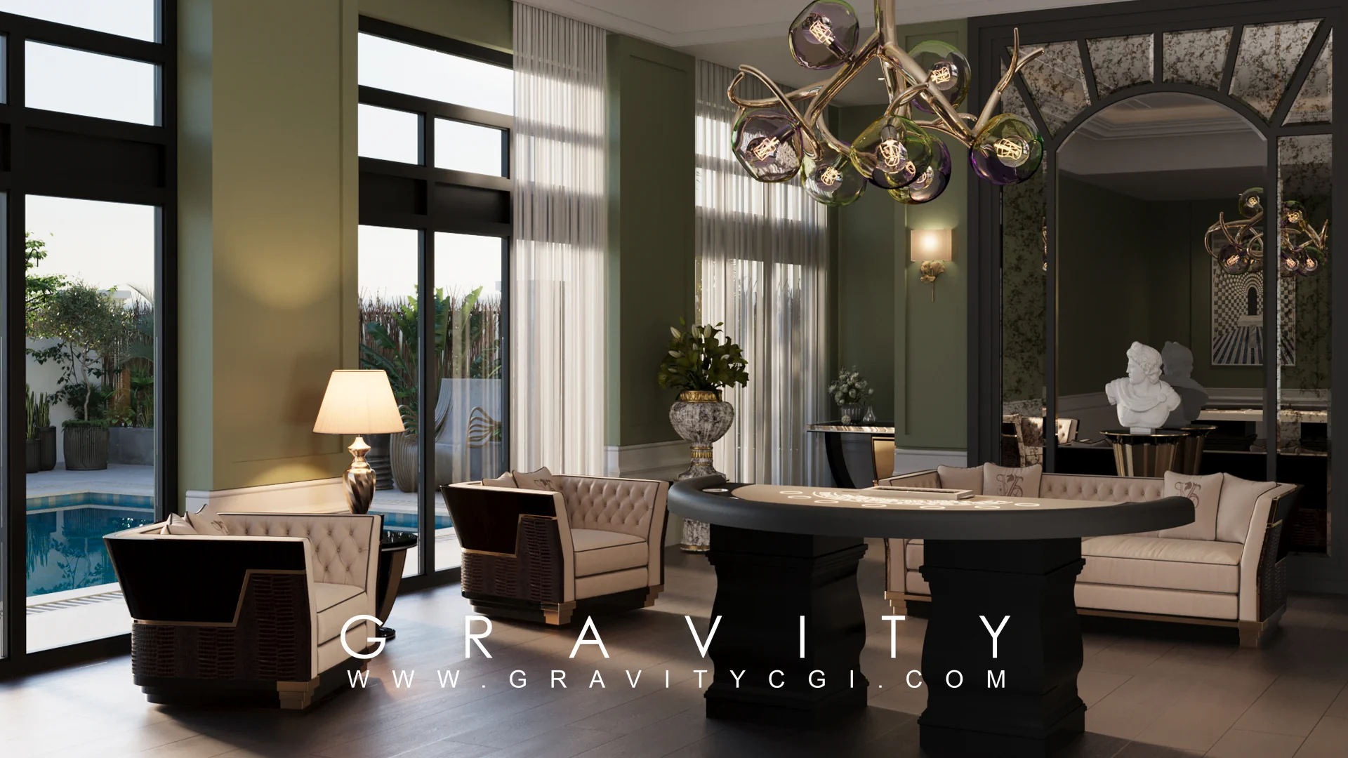 Elegant poker room with green walls, statement chandelier, and classic armchairs