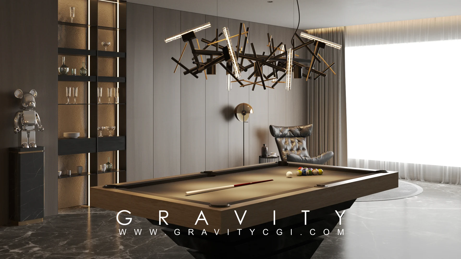 Luxury pool room with sculptural lighting, dark wood finishes, and designer accessories