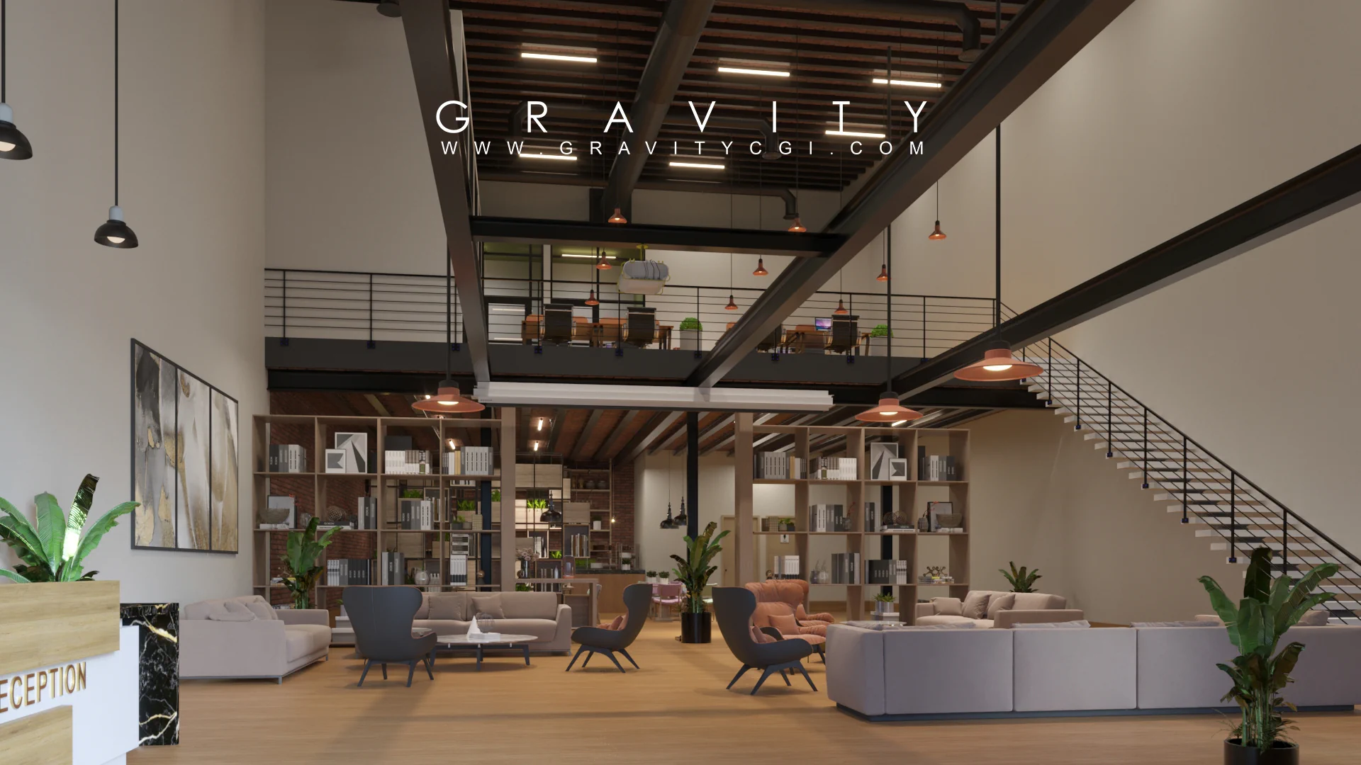 Modern office lobby interior with double-height ceiling, lounge seating, and industrial lighting
