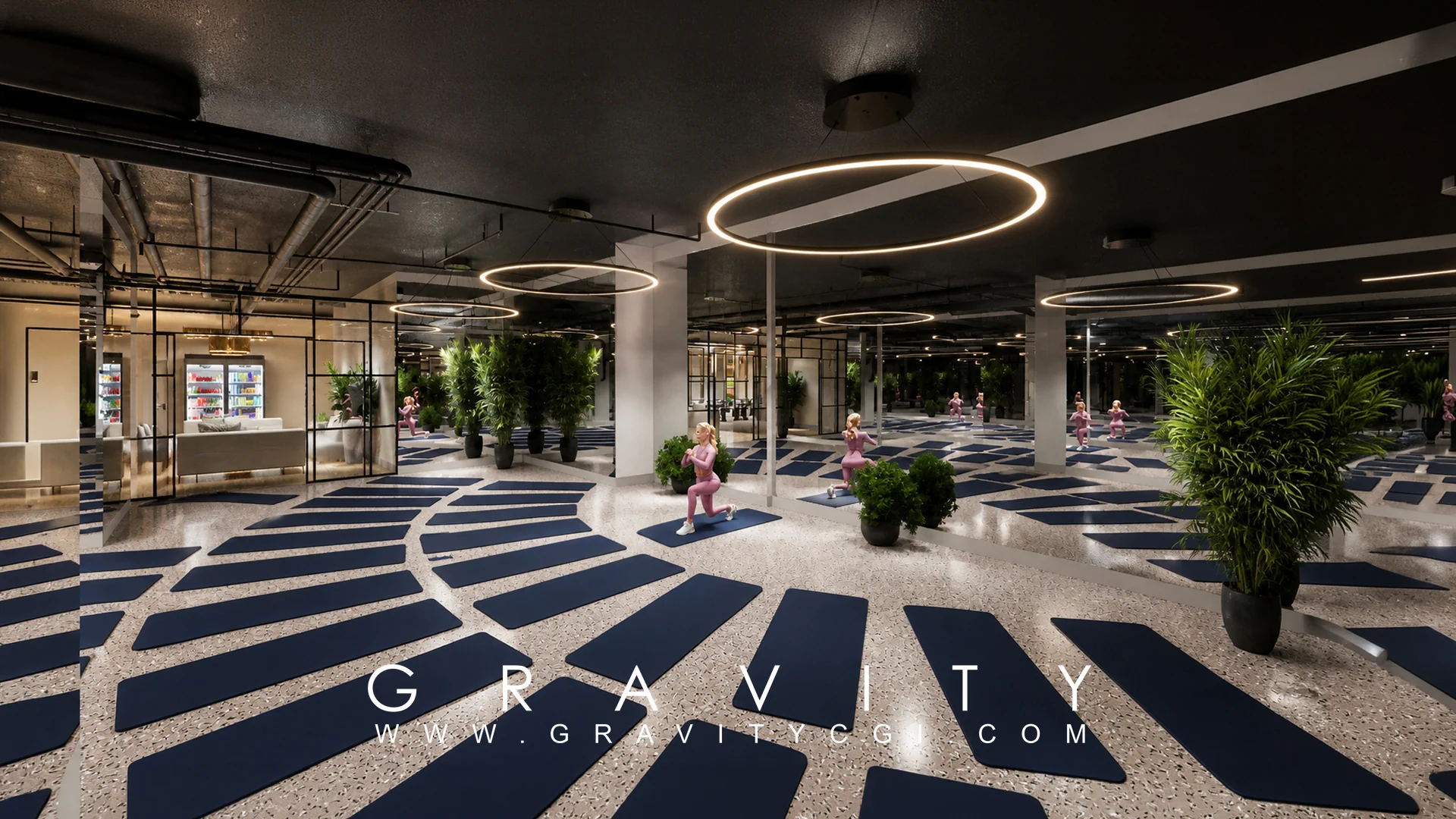 Photorealistic modern yoga studio with arranged mats, circular ceiling lights, mirrors, and indoor plants