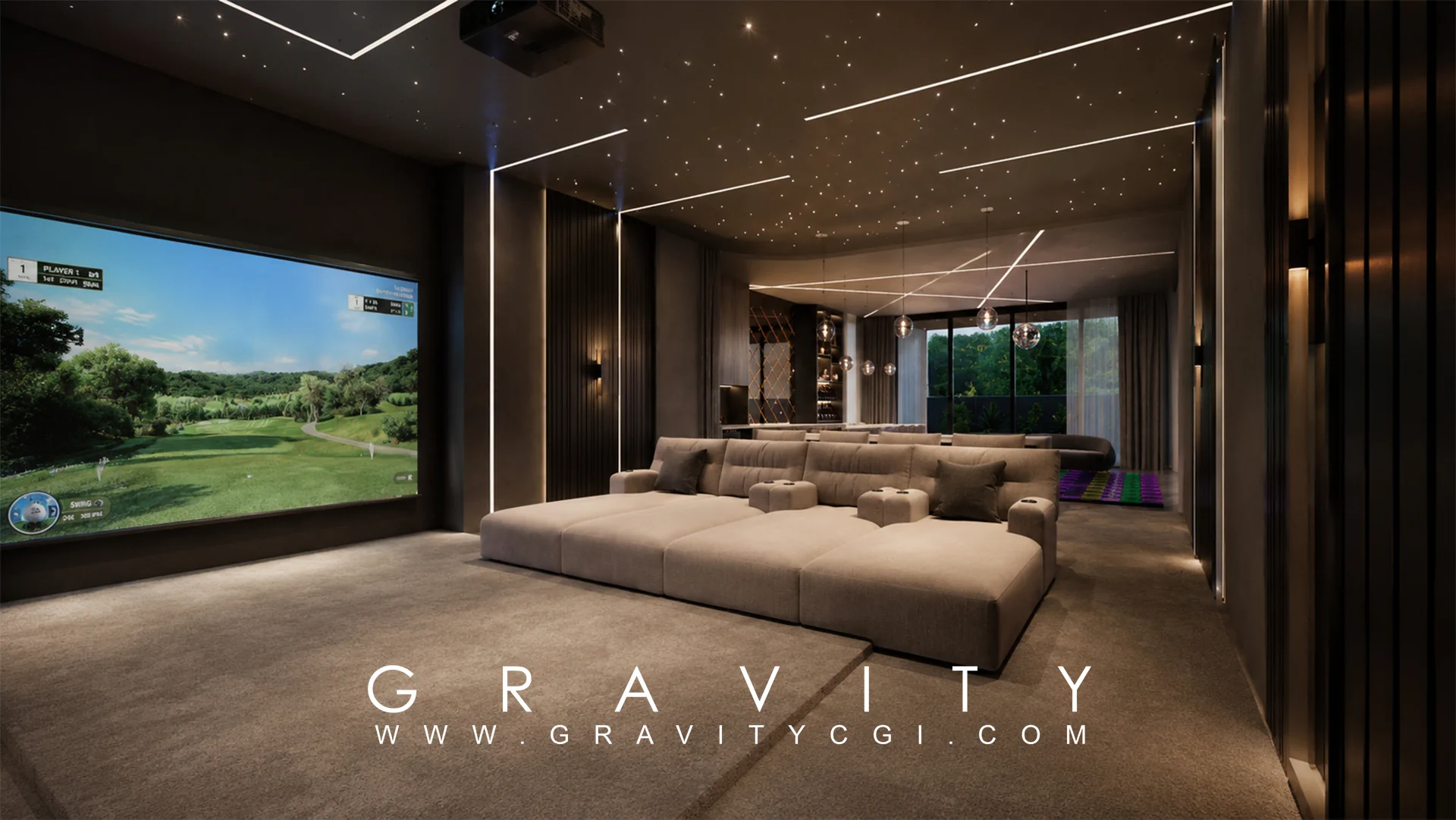 Premium home cinema interior design with fiber optic ceiling, ambient lighting, large screen, and luxury seating for high-end residential projects