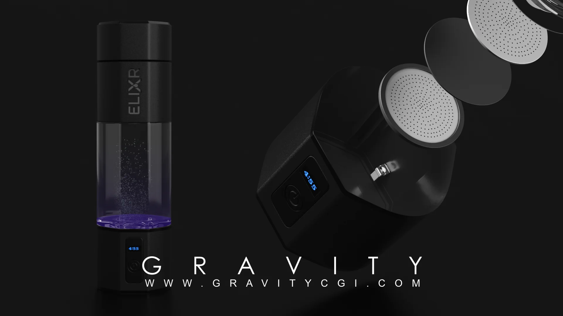 ELIXR hydrogen water generator 3D render with blue LED and digital timer display