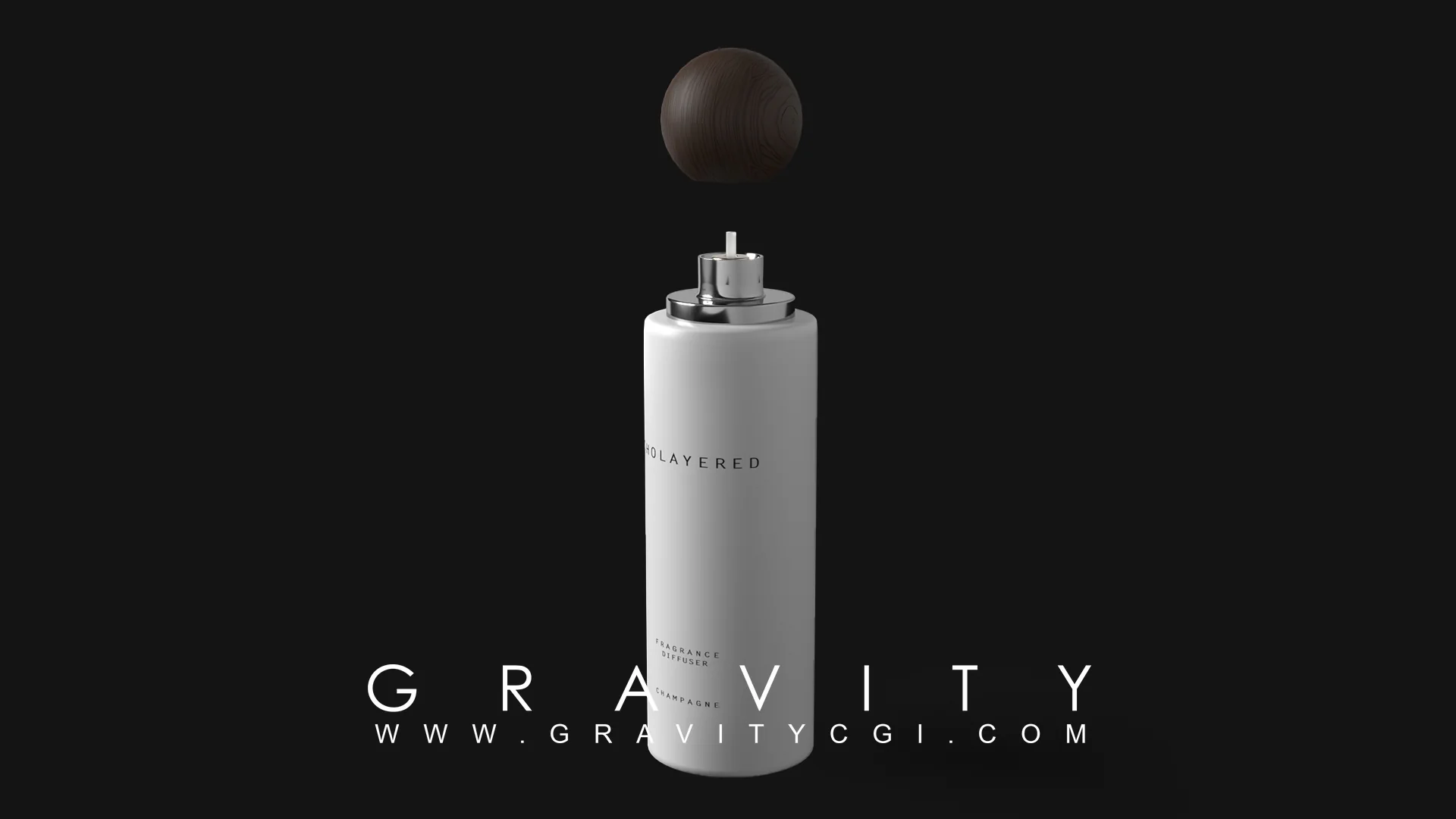 Minimalist 3D render of Layered fragrance diffuser with wooden cap on black background