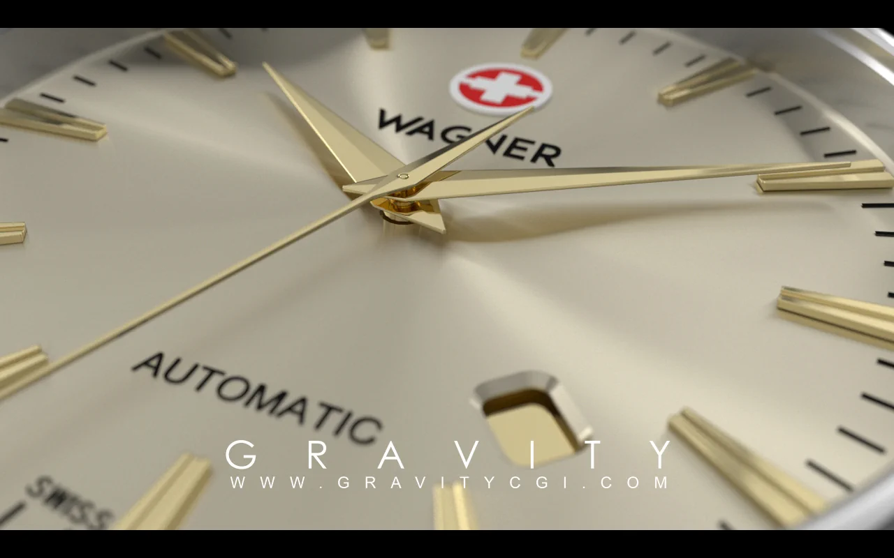 Close-up 3D render of a luxury automatic watch dial with gold hands and date window
