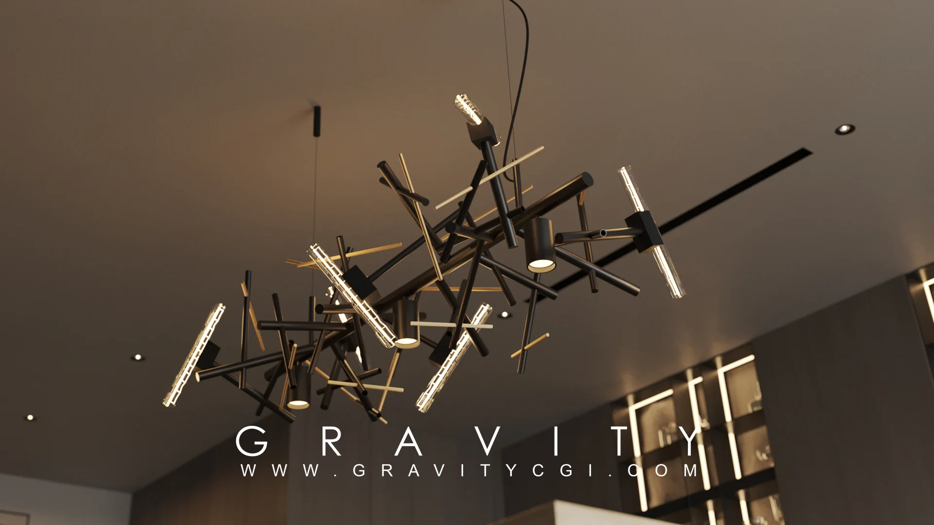 Contemporary designer chandelier in black and gold with artistic rod lighting