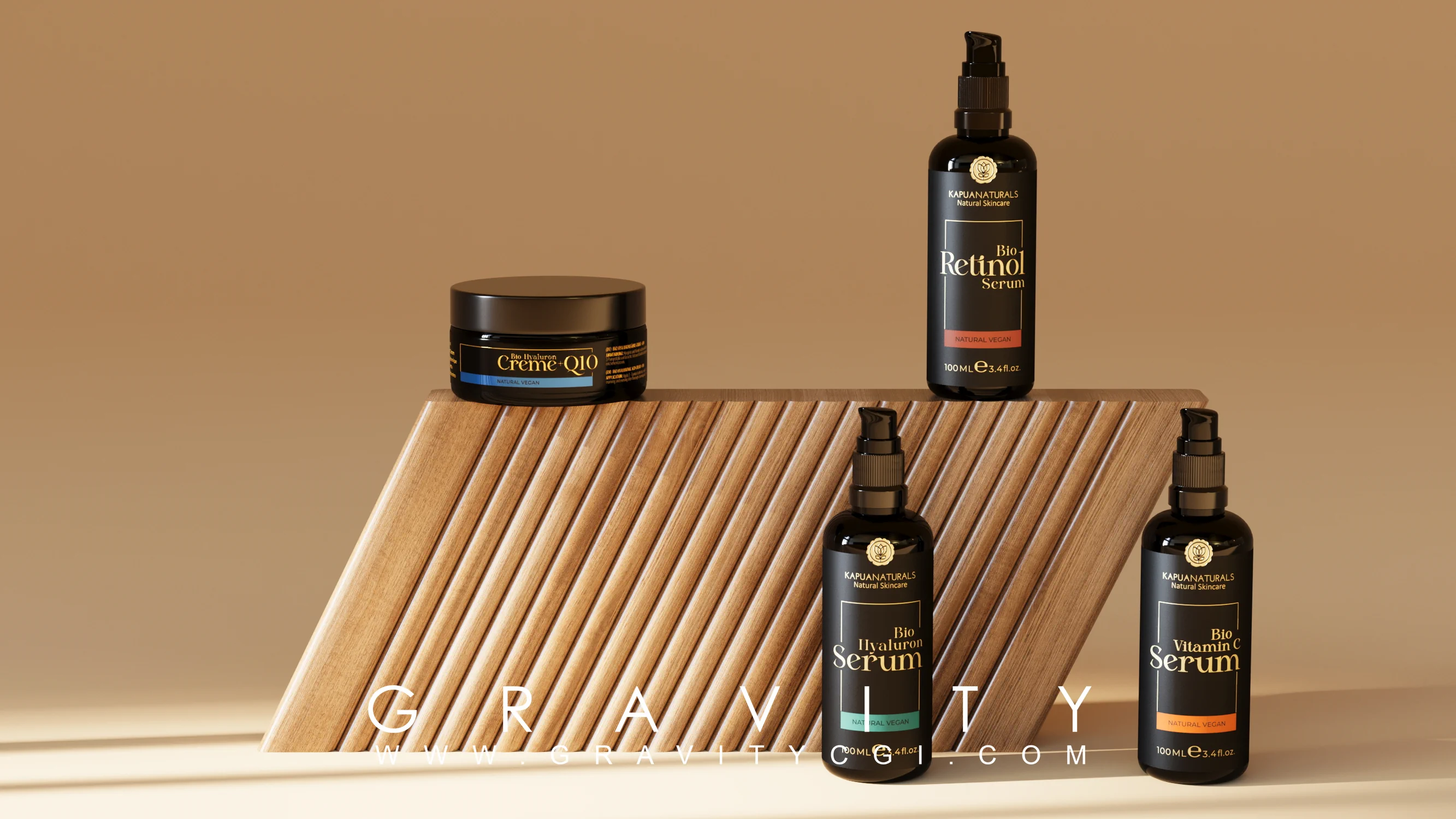 Natural skincare product 3D render featuring serums and creams from Kapua Naturals