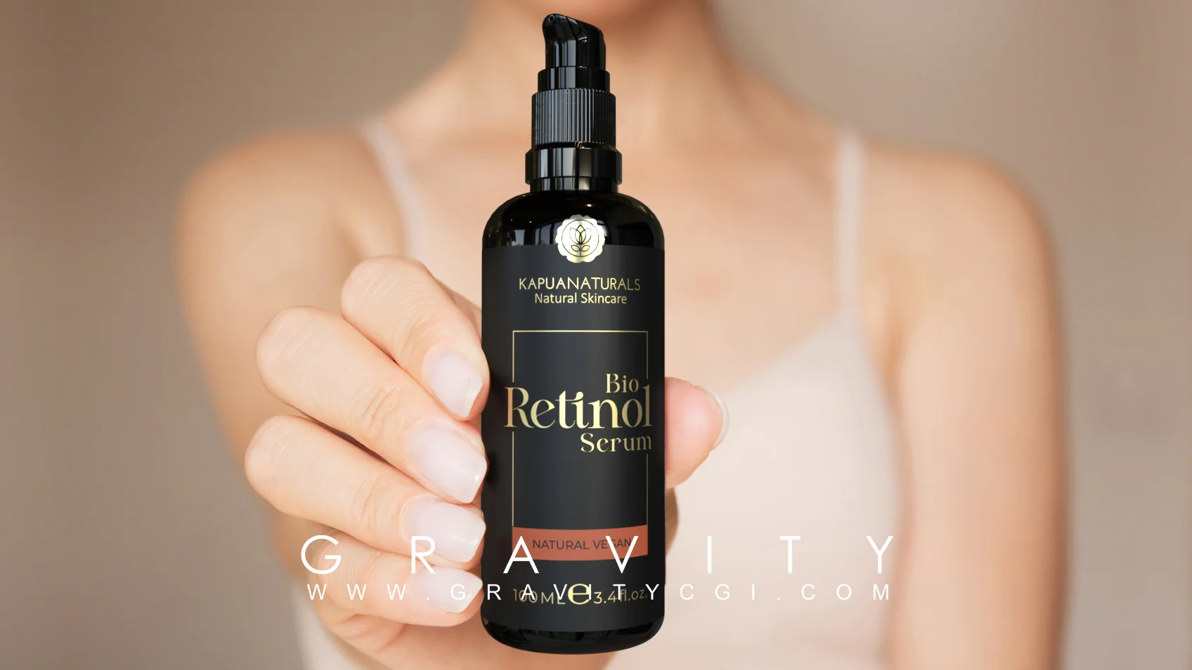 Close-up of hand holding retinol serum bottle from Kapua Naturals for skincare promotion