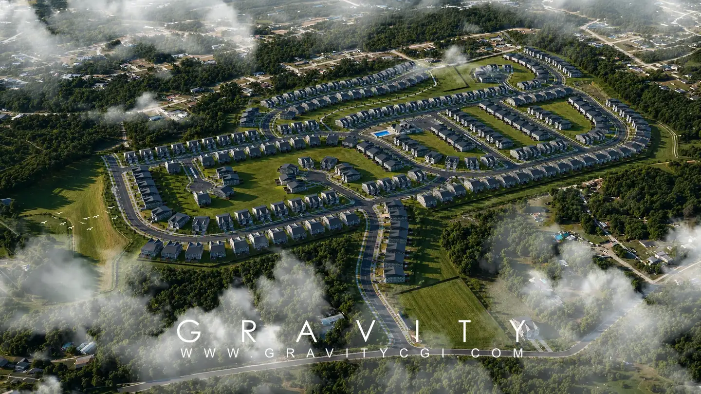 Aerial 3D render of suburban residential community masterplan with housing layout, roads and landscaping