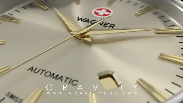 Close-up 3D render of a luxury automatic watch dial with gold hands and date window