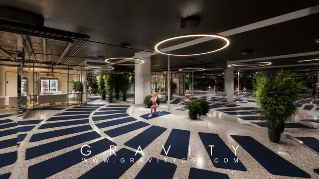 Modern yoga studio interior with group training space, mirrors, and indoor plants