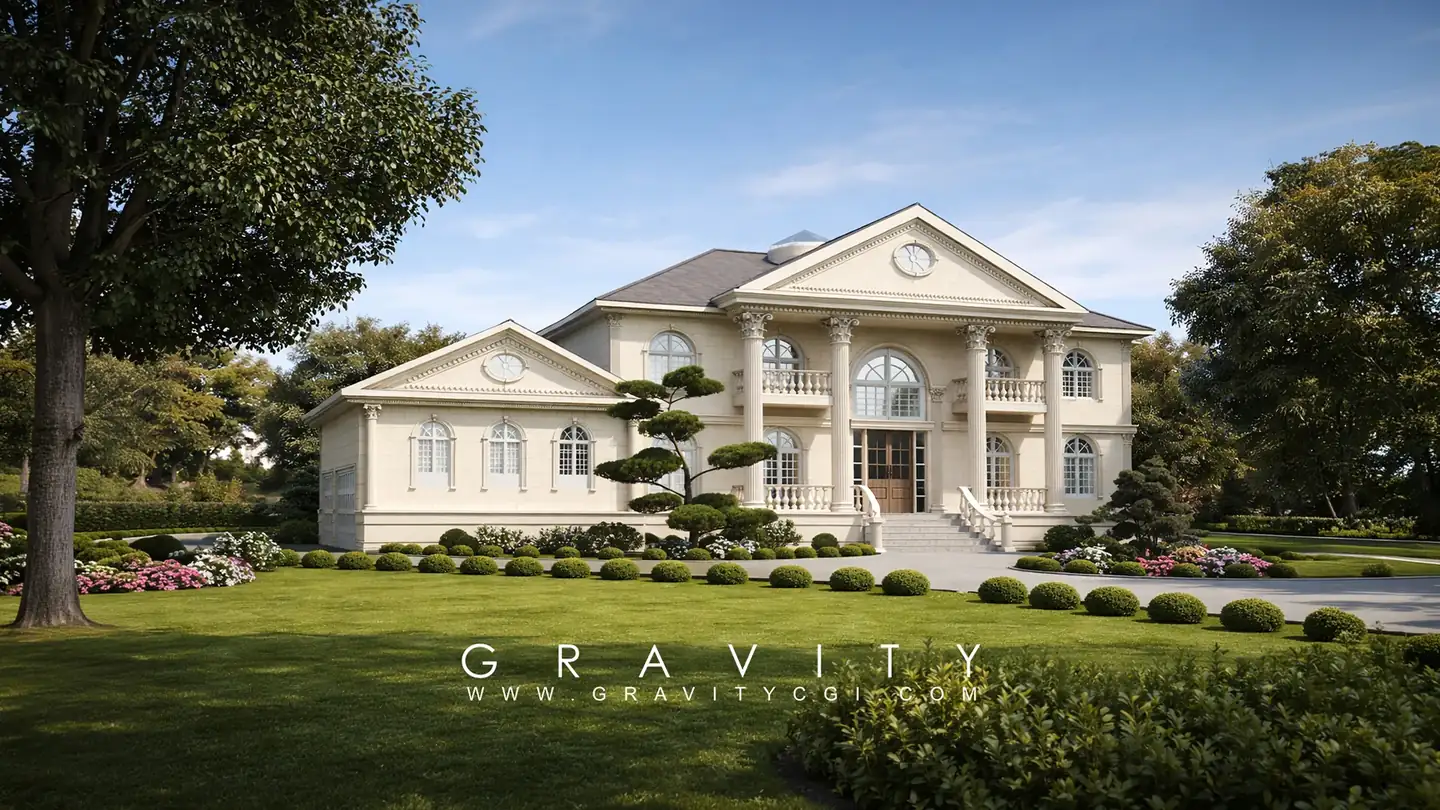Photorealistic neoclassical villa exterior 3D render with garden