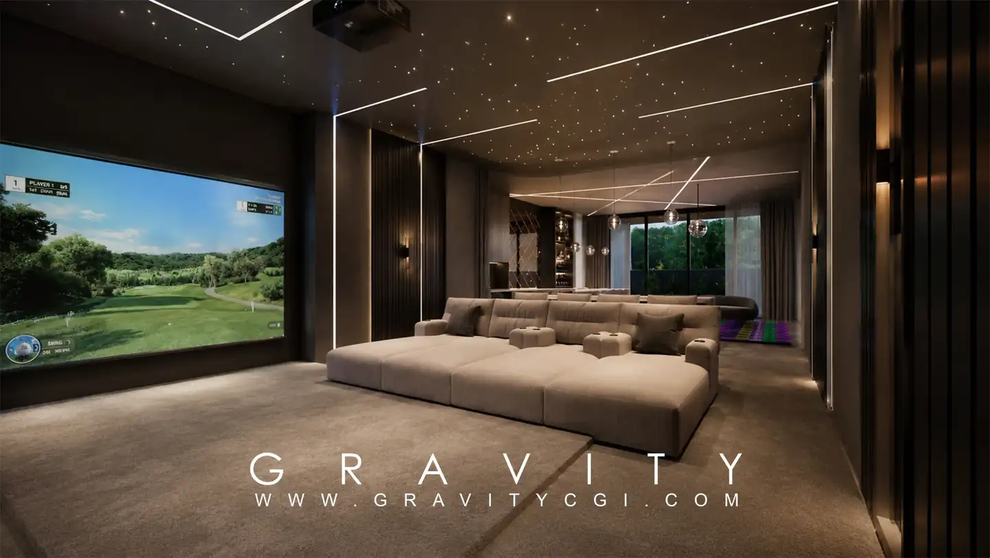 Photorealistic premium home cinema design with LED ceiling in a luxury residential interior