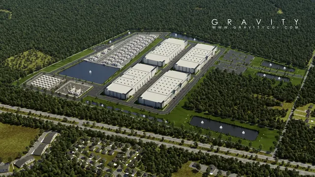 Photorealistic hyperscale data center masterplan aerial 3D render
