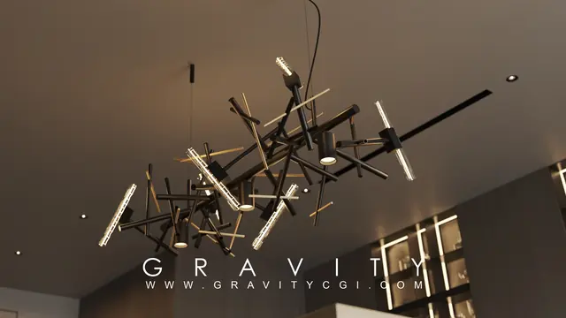 Contemporary designer chandelier in black and gold with artistic rod lighting