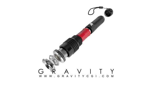 Exploded view 3D render of tactical flashlight with grip, lens, and battery assembly